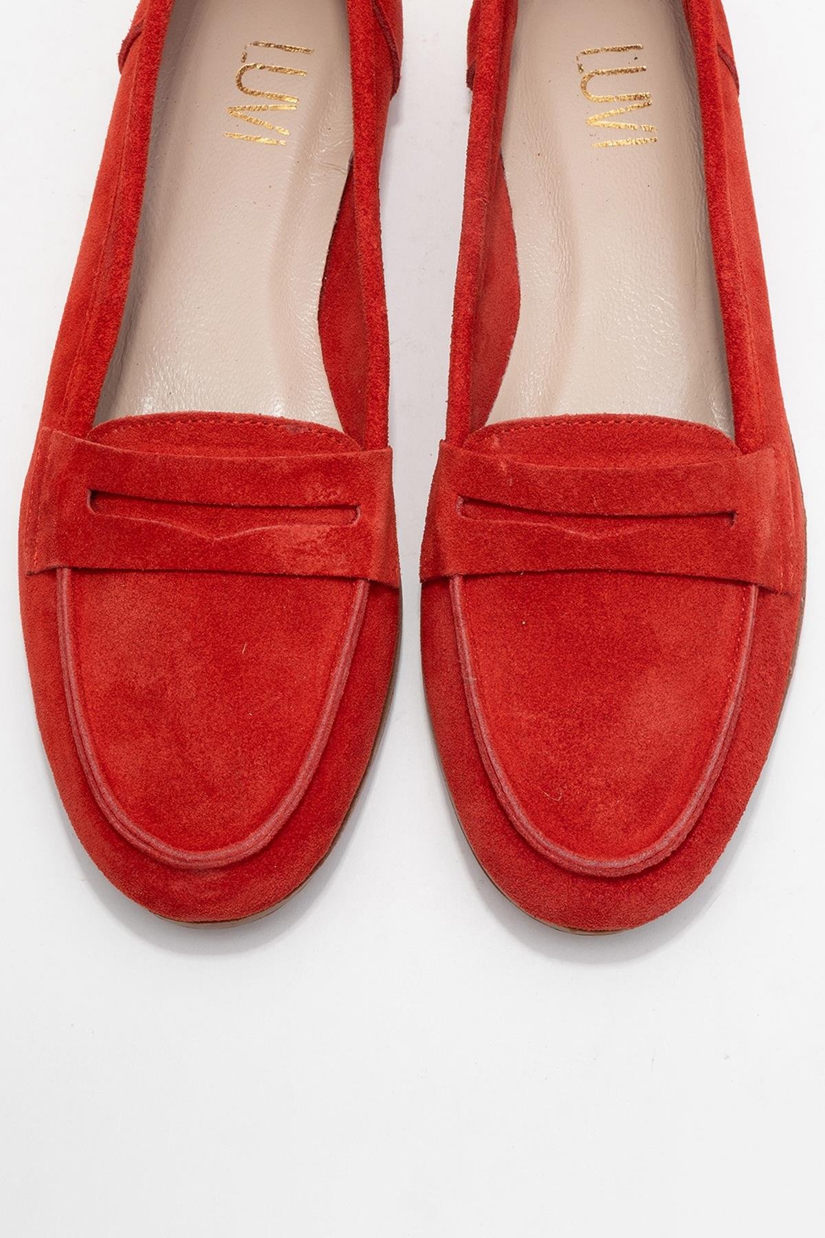 63-F02-16F02 Kırmızı Süet Hakiki Deri Kadın Loafer Ayakkabı