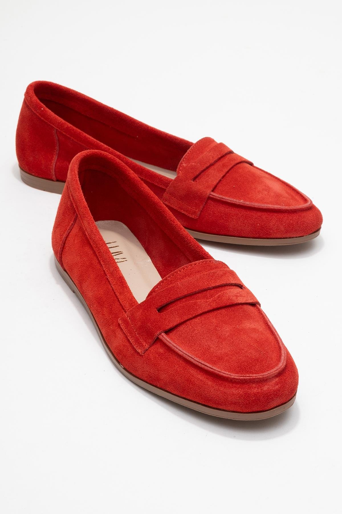 63-F02-16F02 Kırmızı Süet Hakiki Deri Kadın Loafer Ayakkabı