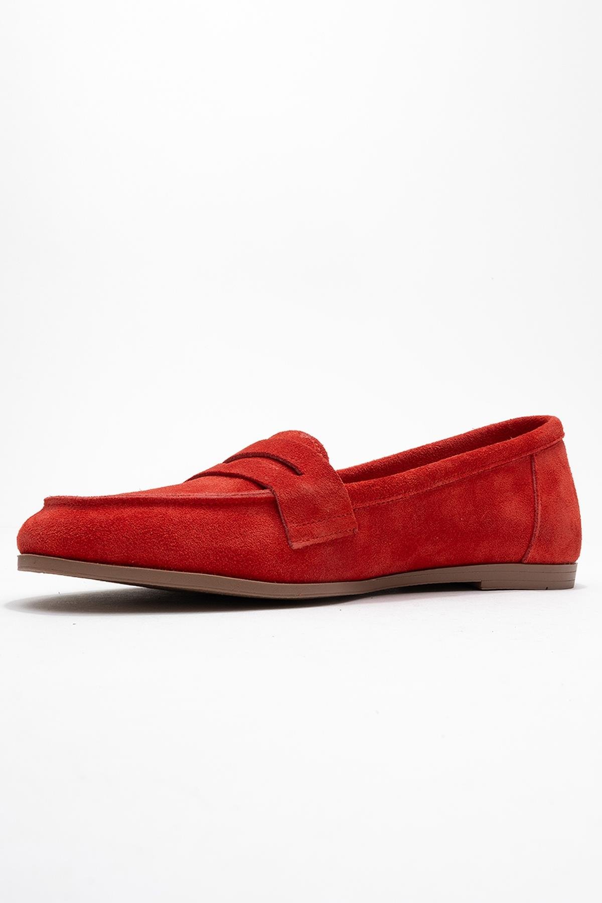63-F02-16F02 Kırmızı Süet Hakiki Deri Kadın Loafer Ayakkabı