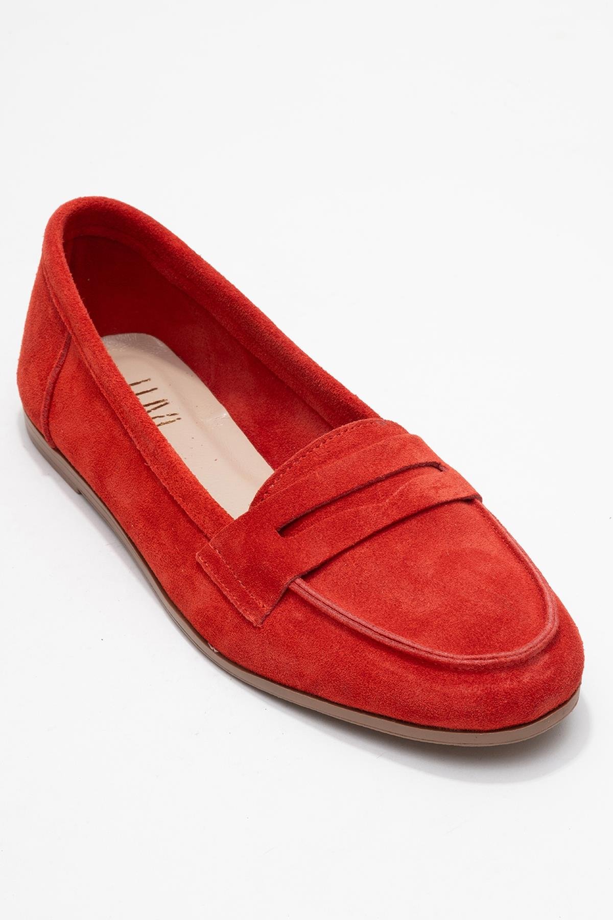 63-F02-16F02 Kırmızı Süet Hakiki Deri Kadın Loafer Ayakkabı