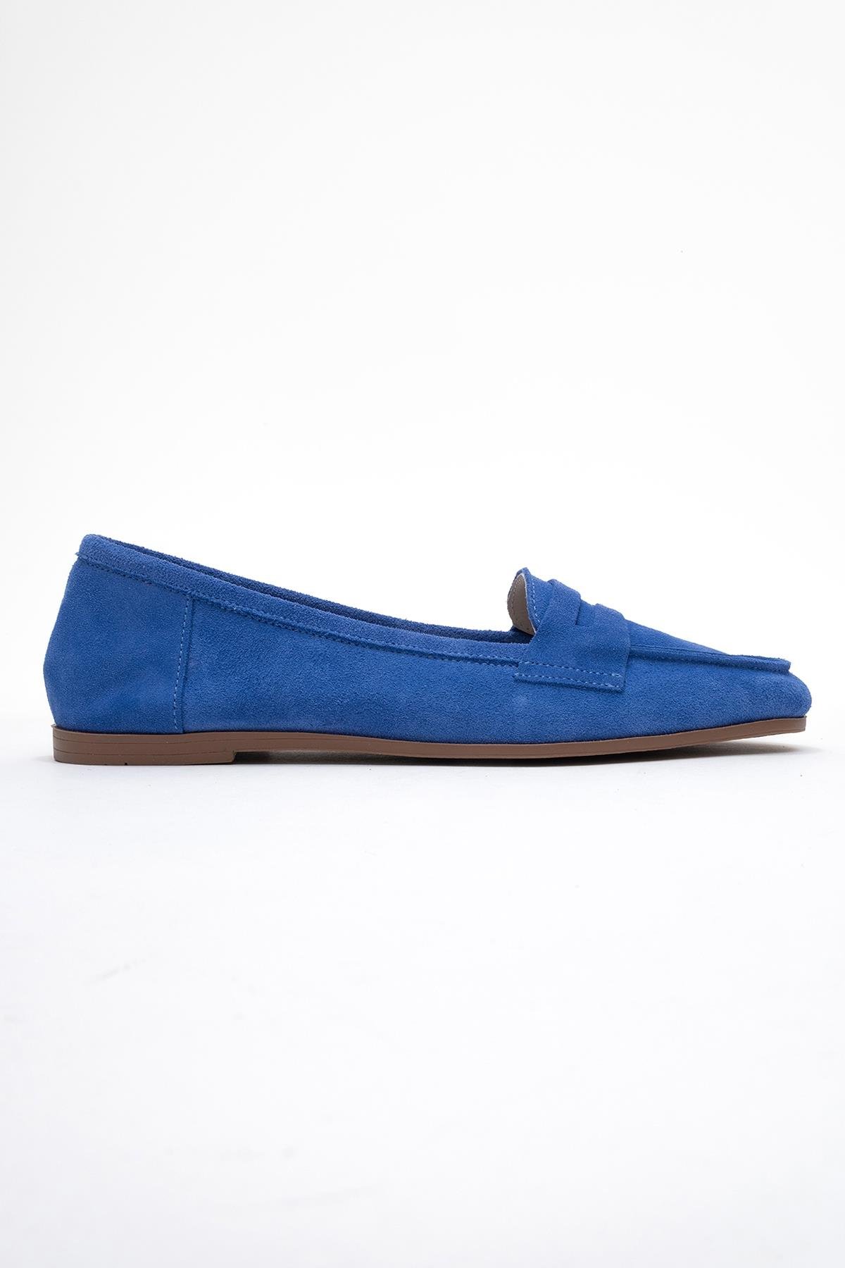 63-F02-12F02 Mavi Süet Hakiki Deri Kadın Loafer Ayakkabı