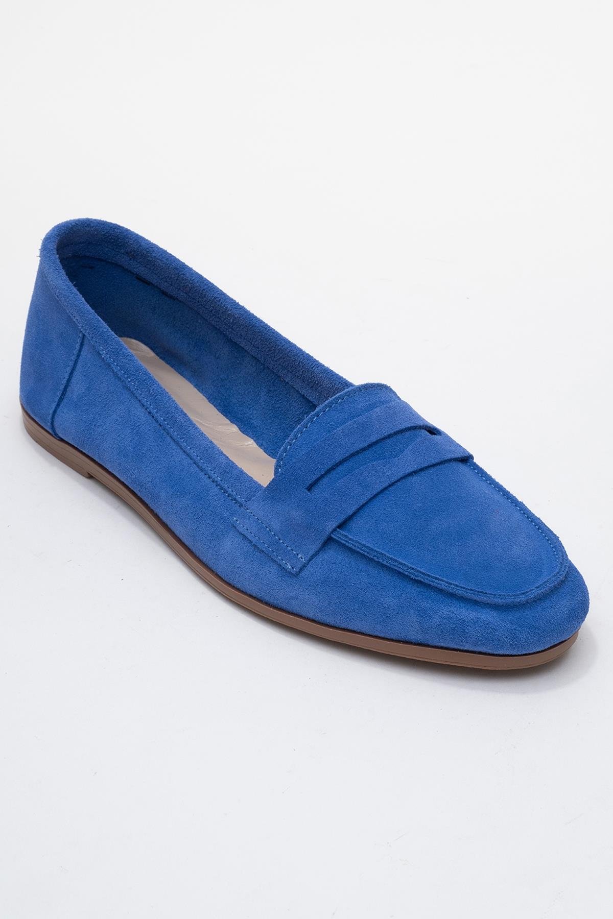 63-F02-12F02 Mavi Süet Hakiki Deri Kadın Loafer Ayakkabı