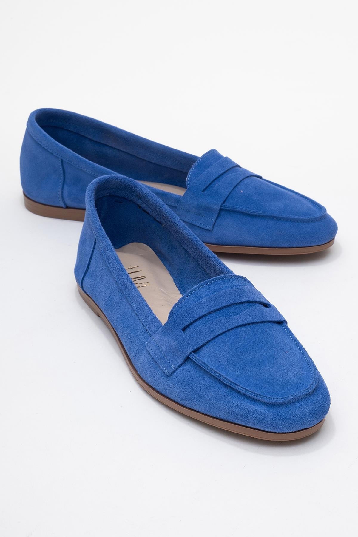 63-F02-12F02 Mavi Süet Hakiki Deri Kadın Loafer Ayakkabı