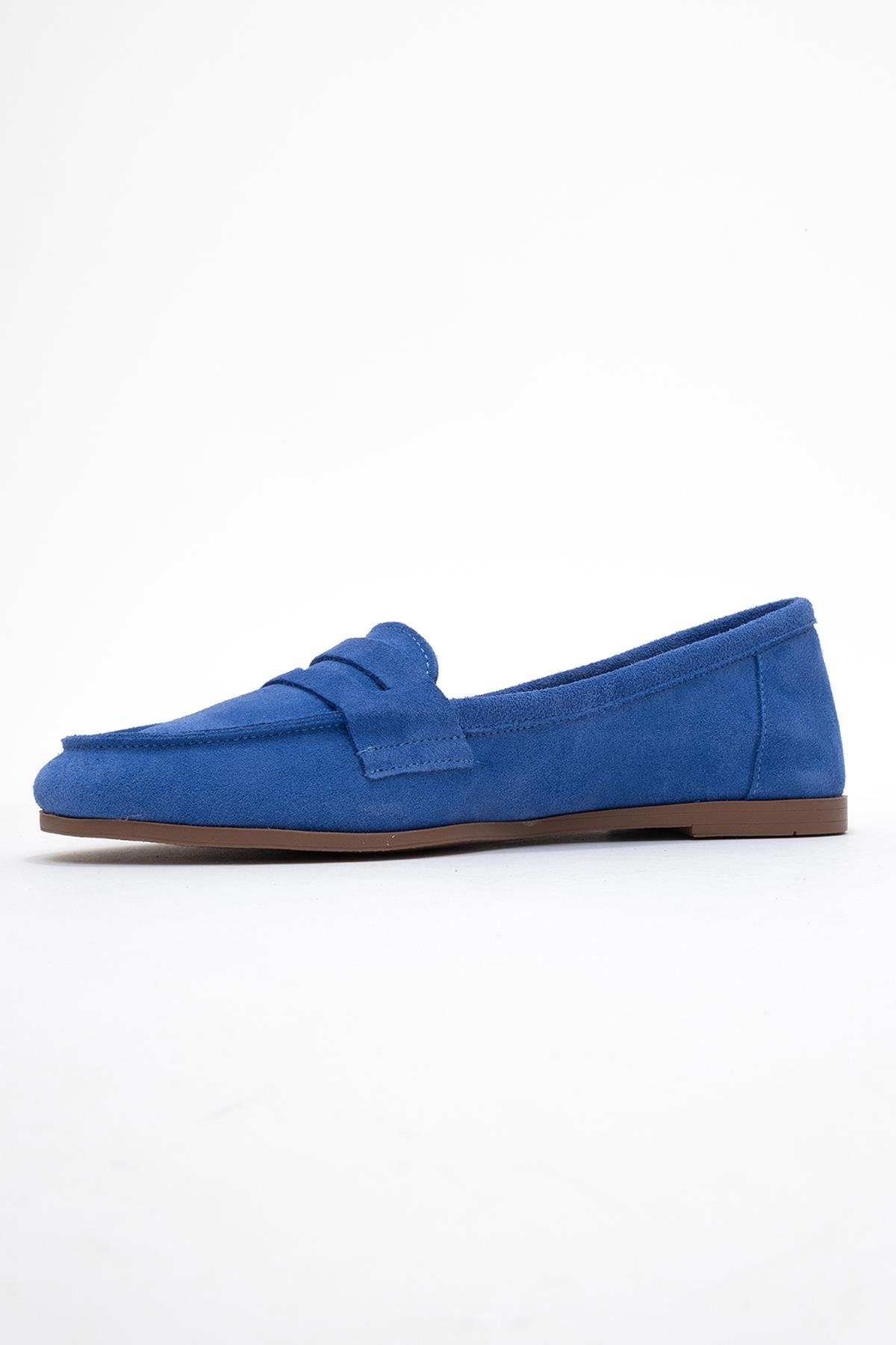 63-F02-12F02 Mavi Süet Hakiki Deri Kadın Loafer Ayakkabı