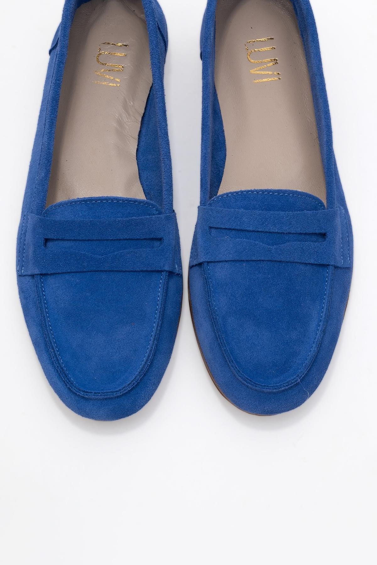 63-F02-12F02 Mavi Süet Hakiki Deri Kadın Loafer Ayakkabı