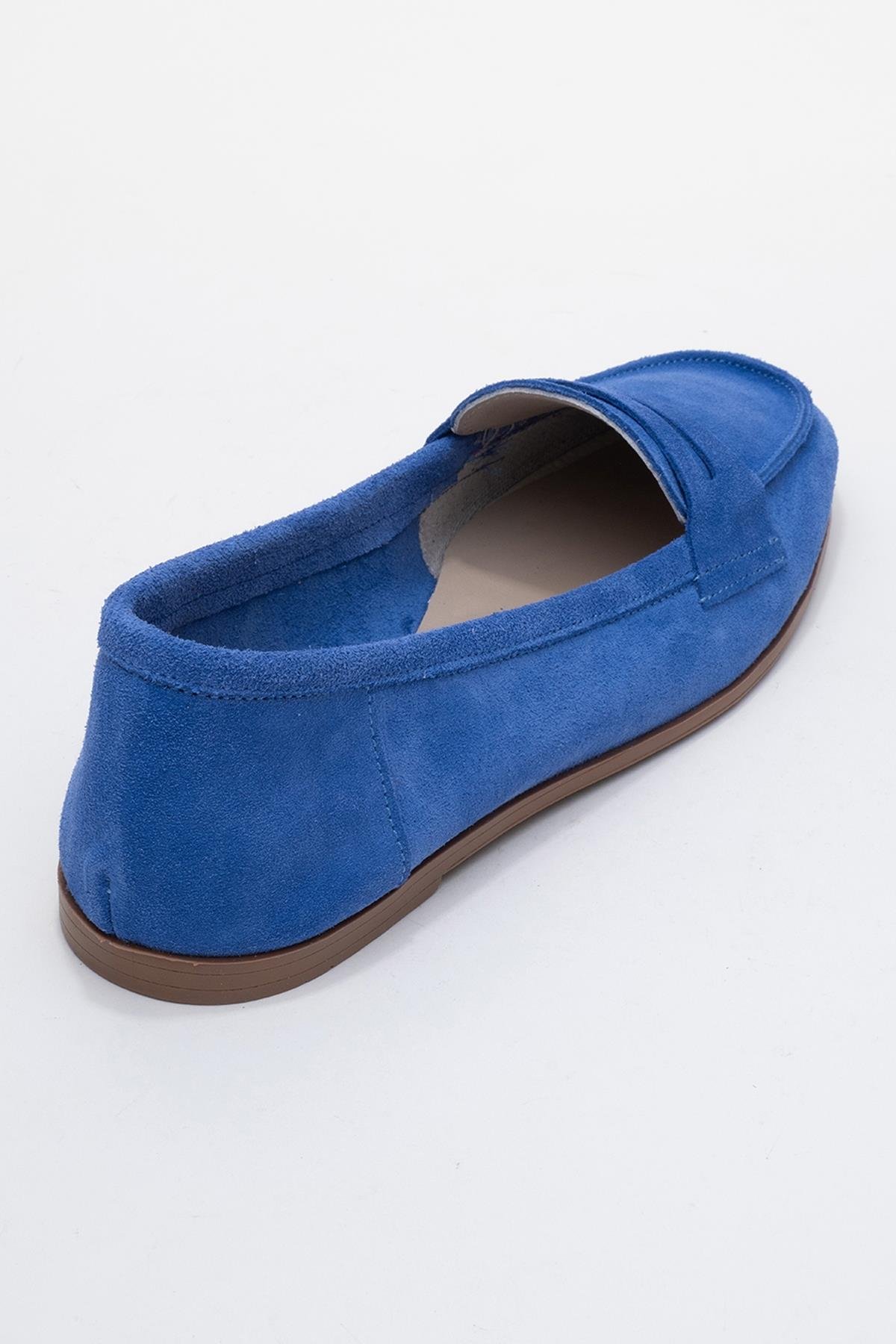 63-F02-12F02 Mavi Süet Hakiki Deri Kadın Loafer Ayakkabı