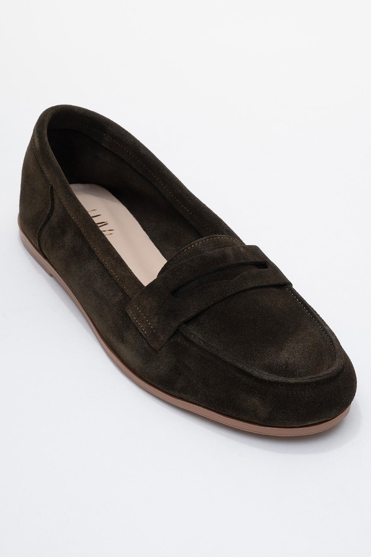 63-F02-15F02 Yeşil Süet Hakiki Deri Kadın Loafer Ayakkabı