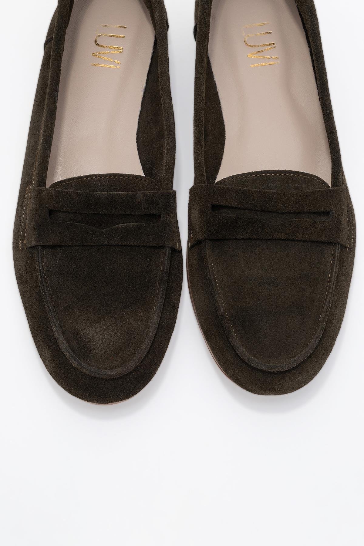 63-F02-15F02 Yeşil Süet Hakiki Deri Kadın Loafer Ayakkabı