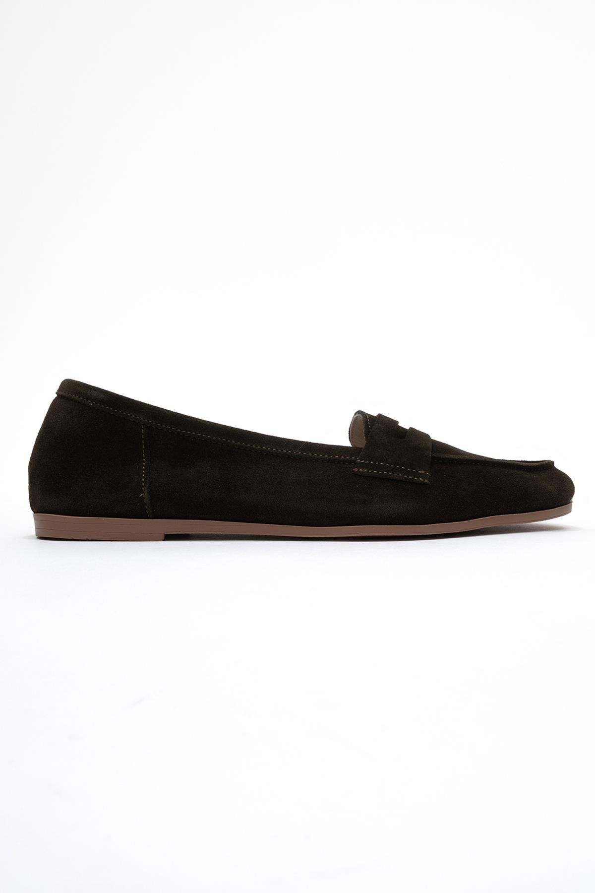 63-F02-15F02 Yeşil Süet Hakiki Deri Kadın Loafer Ayakkabı