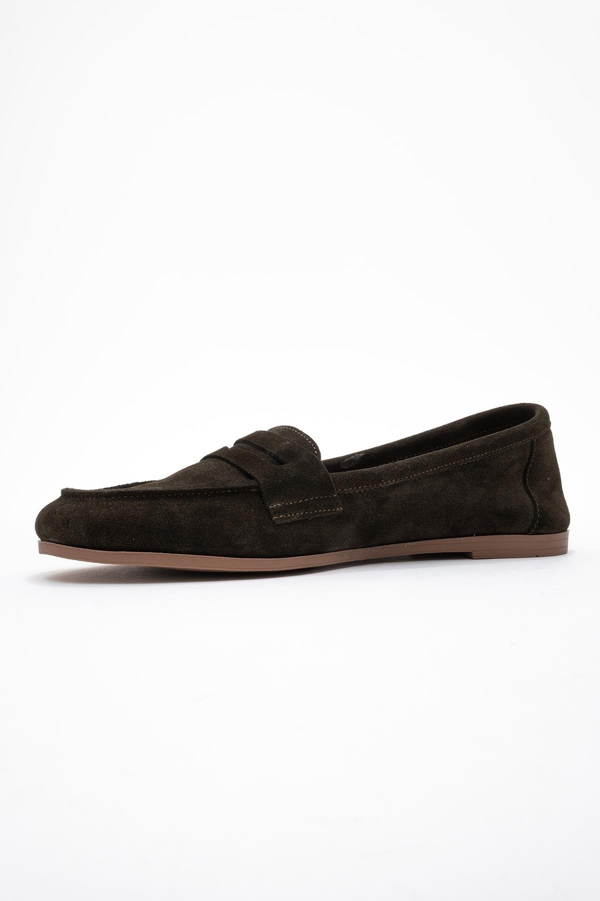 63-F02-15F02 Yeşil Süet Hakiki Deri Kadın Loafer Ayakkabı