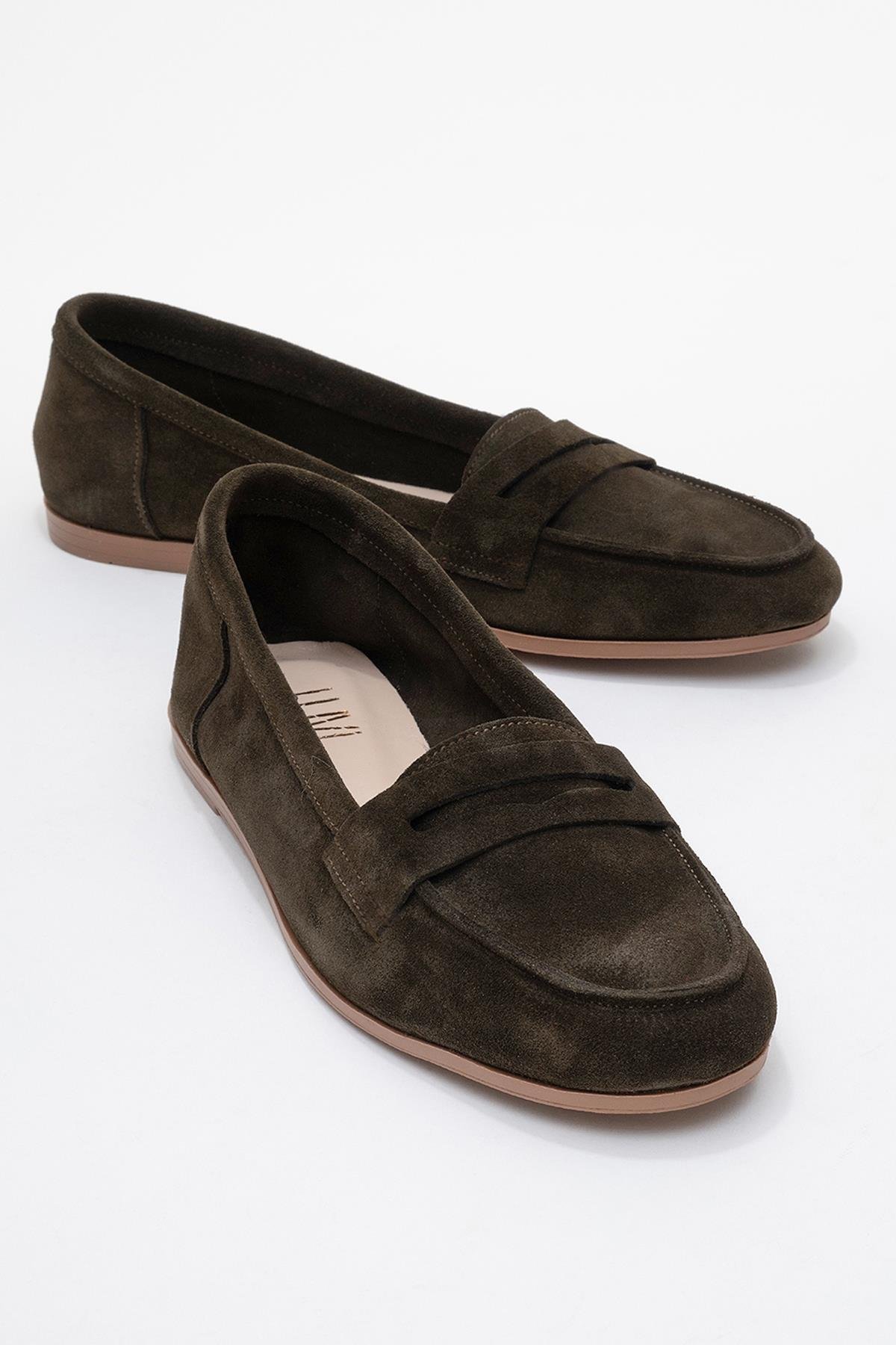 63-F02-15F02 Yeşil Süet Hakiki Deri Kadın Loafer Ayakkabı