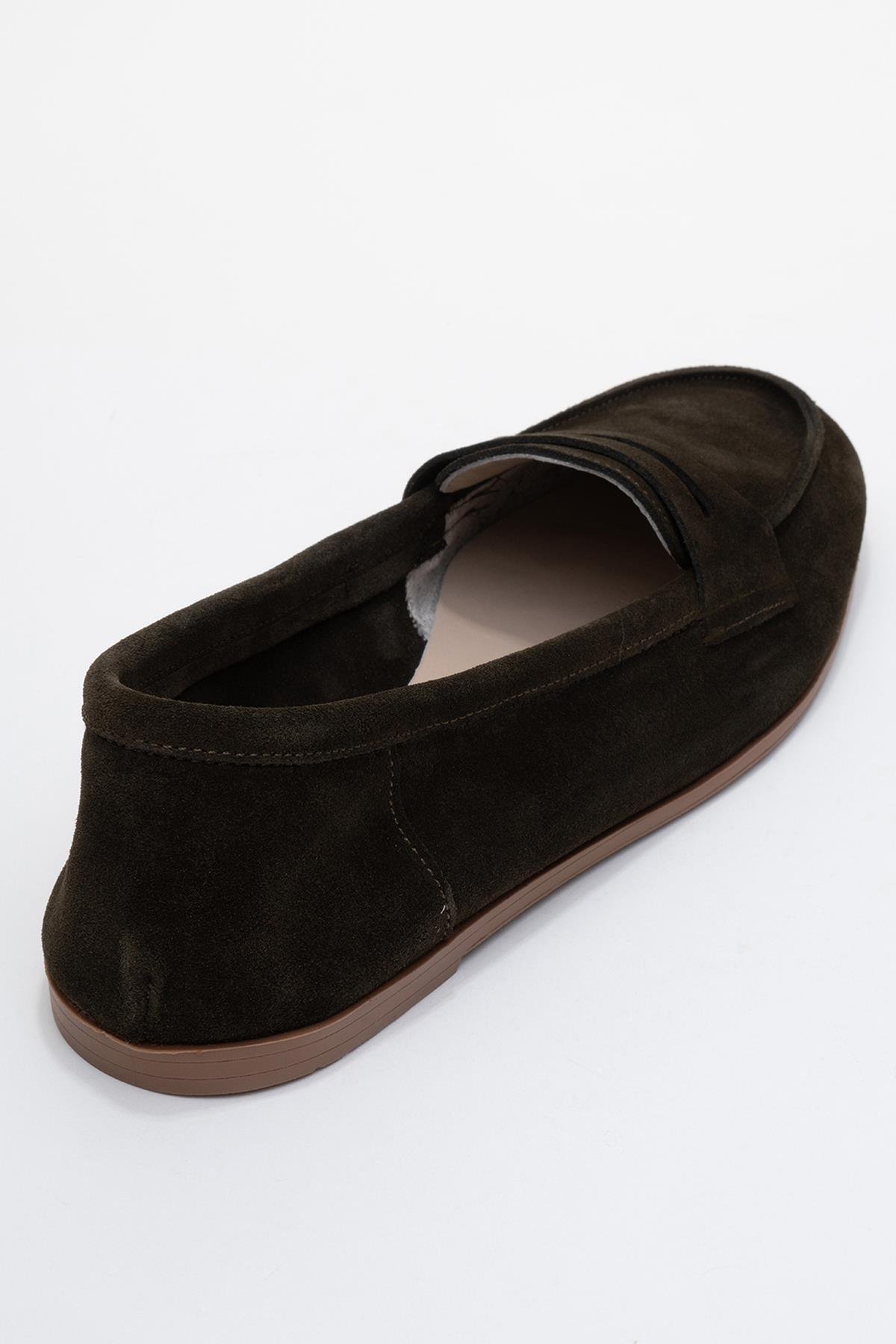63-F02-15F02 Yeşil Süet Hakiki Deri Kadın Loafer Ayakkabı