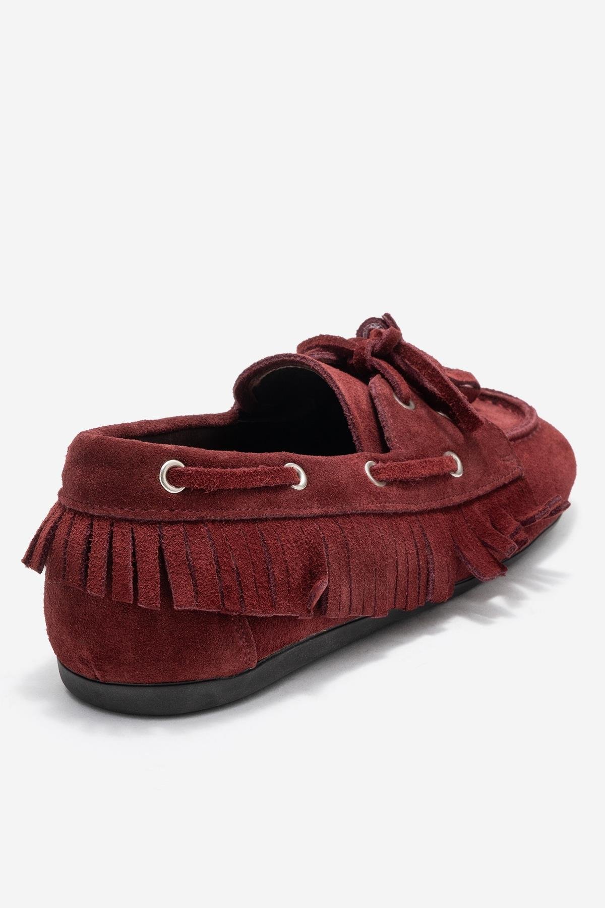 176-201-2-BORDO SUETFENORA Bordo Süet Hakiki Deri Saçaklı Püsküllü Kadın Loafer Ayakkabı