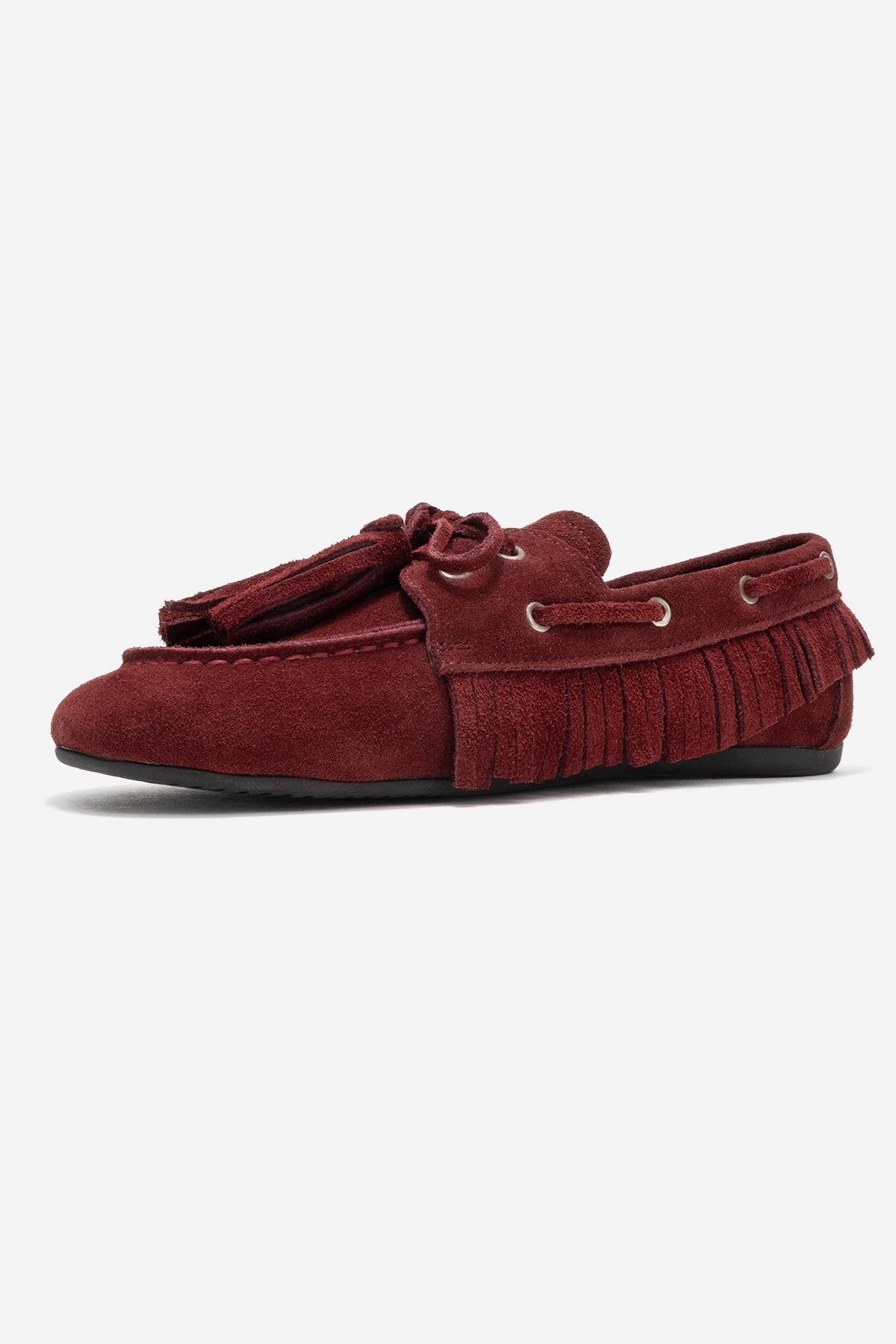 176-201-2-BORDO SUETFENORA Bordo Süet Hakiki Deri Saçaklı Püsküllü Kadın Loafer Ayakkabı