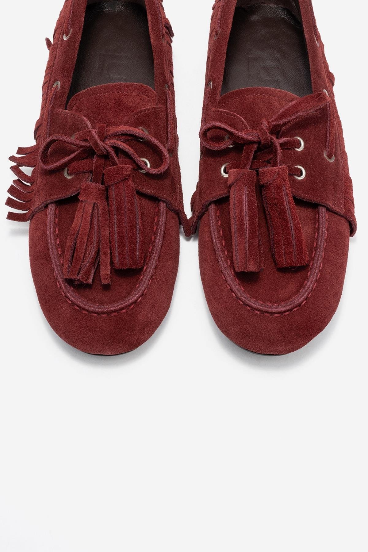 176-201-2-BORDO SUETFENORA Bordo Süet Hakiki Deri Saçaklı Püsküllü Kadın Loafer Ayakkabı