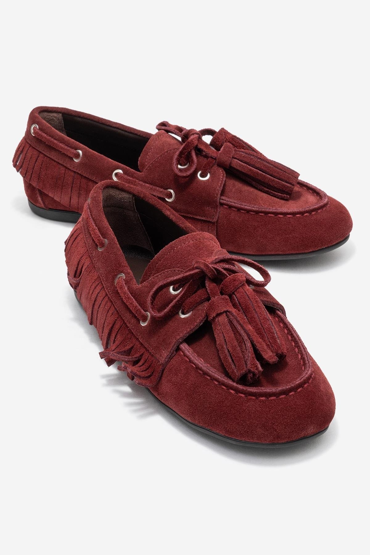 176-201-2-BORDO SUETFENORA Bordo Süet Hakiki Deri Saçaklı Püsküllü Kadın Loafer Ayakkabı