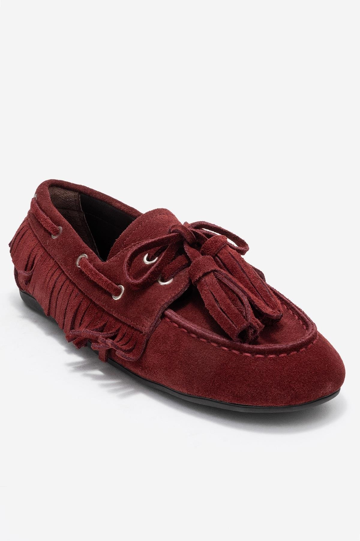 176-201-2-BORDO SUETFENORA Bordo Süet Hakiki Deri Saçaklı Püsküllü Kadın Loafer Ayakkabı