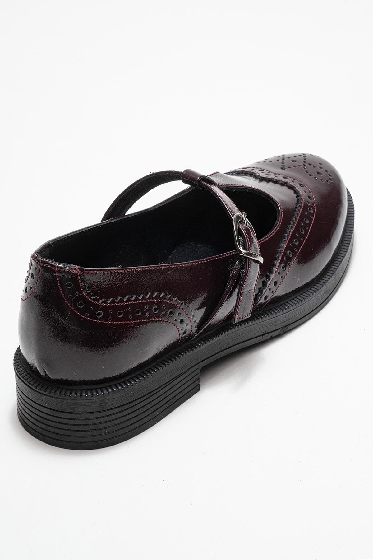 139-05-2-BORDO RUGANJANNEY Bordo Rugan Hakiki Deri Bantlı Kadın Loafer Ayakkabı