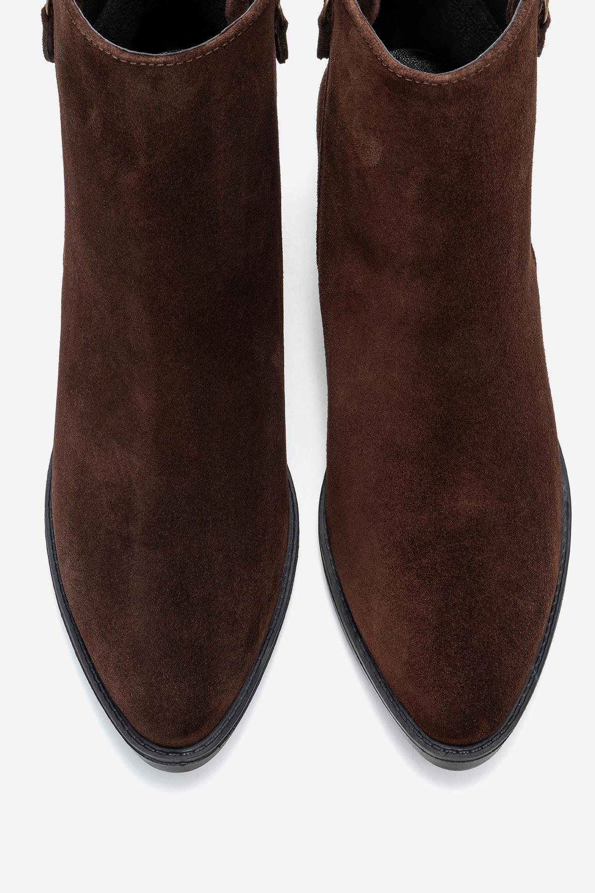 171-250-6-KAHVERENGI SUETJAYER Kahverengi Süet Hakiki Deri Fermuarlı Kadın Topuklu Bot