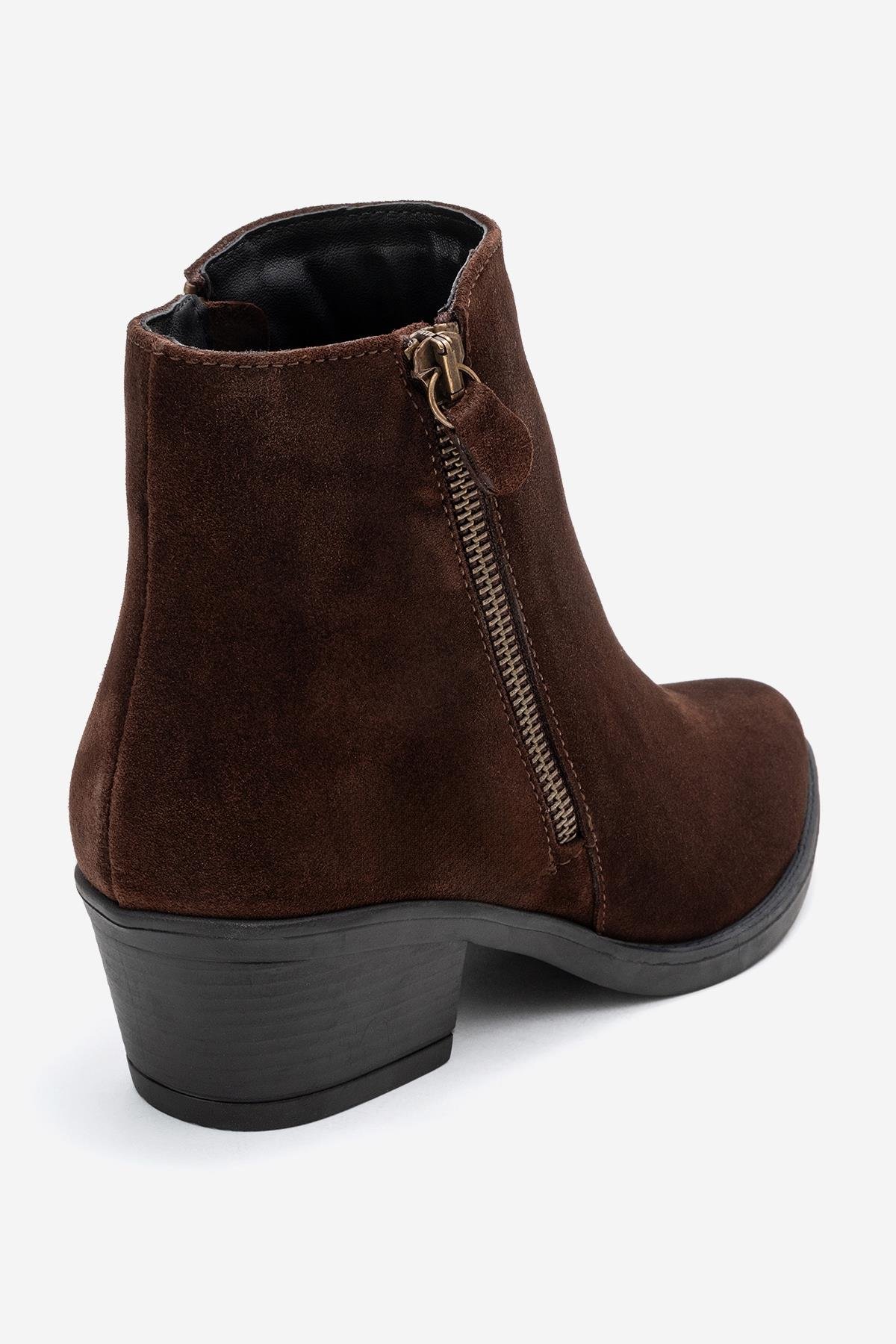 171-250-6-KAHVERENGI SUETJAYER Kahverengi Süet Hakiki Deri Fermuarlı Kadın Topuklu Bot