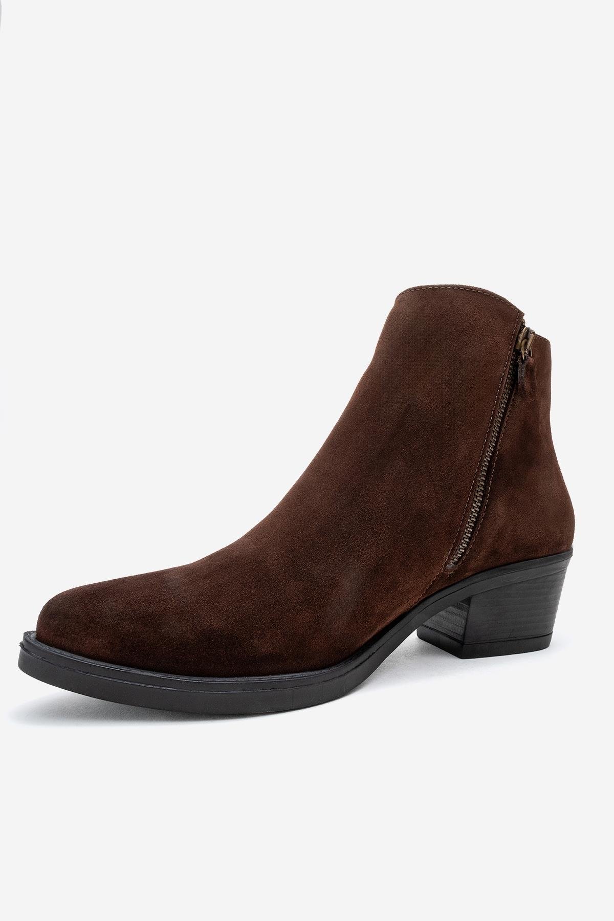 171-250-6-KAHVERENGI SUETJAYER Kahverengi Süet Hakiki Deri Fermuarlı Kadın Topuklu Bot