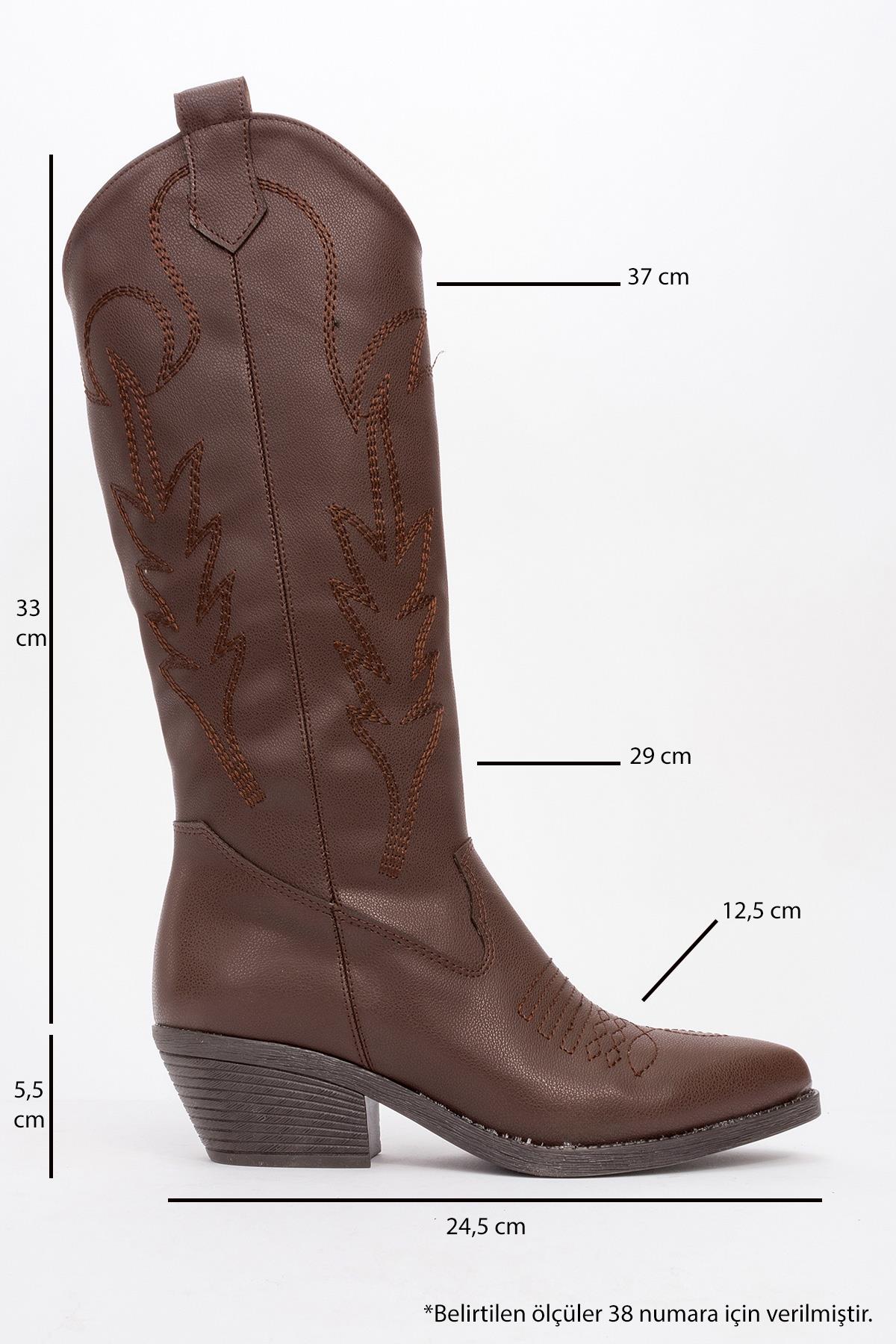 112-4002-2-KAHVE CILTLİANA Kahve Cilt Kadın Kalın Topuklu Western Çizme