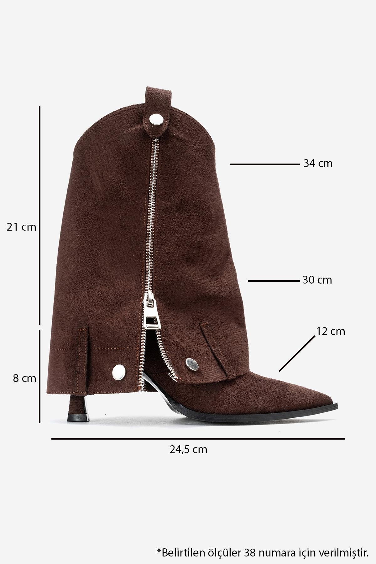 104-07086-5-KAHVERENGI SUETLOLA Kahverengi Süet Fermuarlı Sivri Burunlu Kadın Topuklu Bot