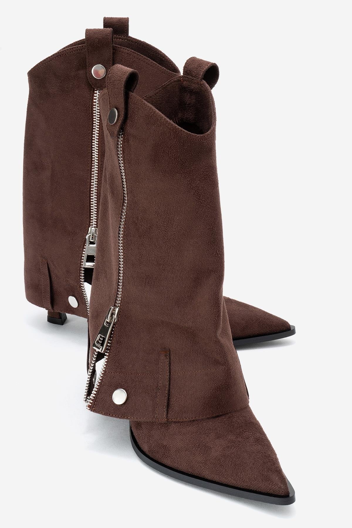 104-07086-5-KAHVERENGI SUETLOLA Kahverengi Süet Fermuarlı Sivri Burunlu Kadın Topuklu Bot