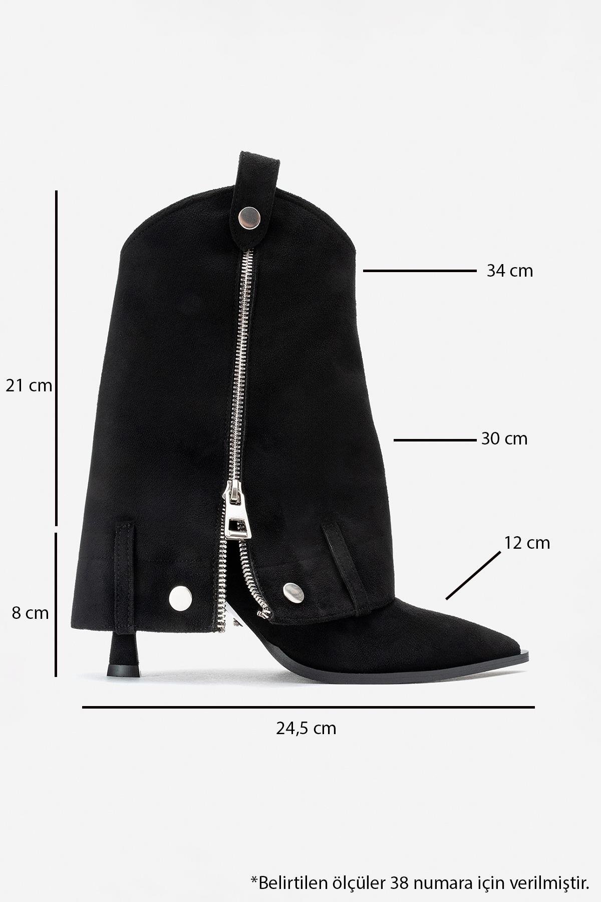 104-07086-6-SIYAH SUETLOLA Siyah Süet Fermuarlı Sivri Burunlu Kadın Topuklu Bot