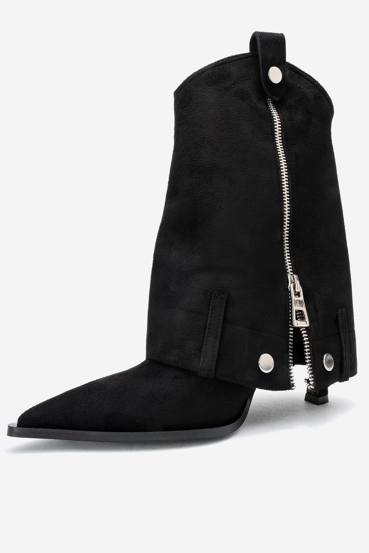 104-07086-6-SIYAH SUETLOLA Siyah Süet Fermuarlı Sivri Burunlu Kadın Topuklu Bot