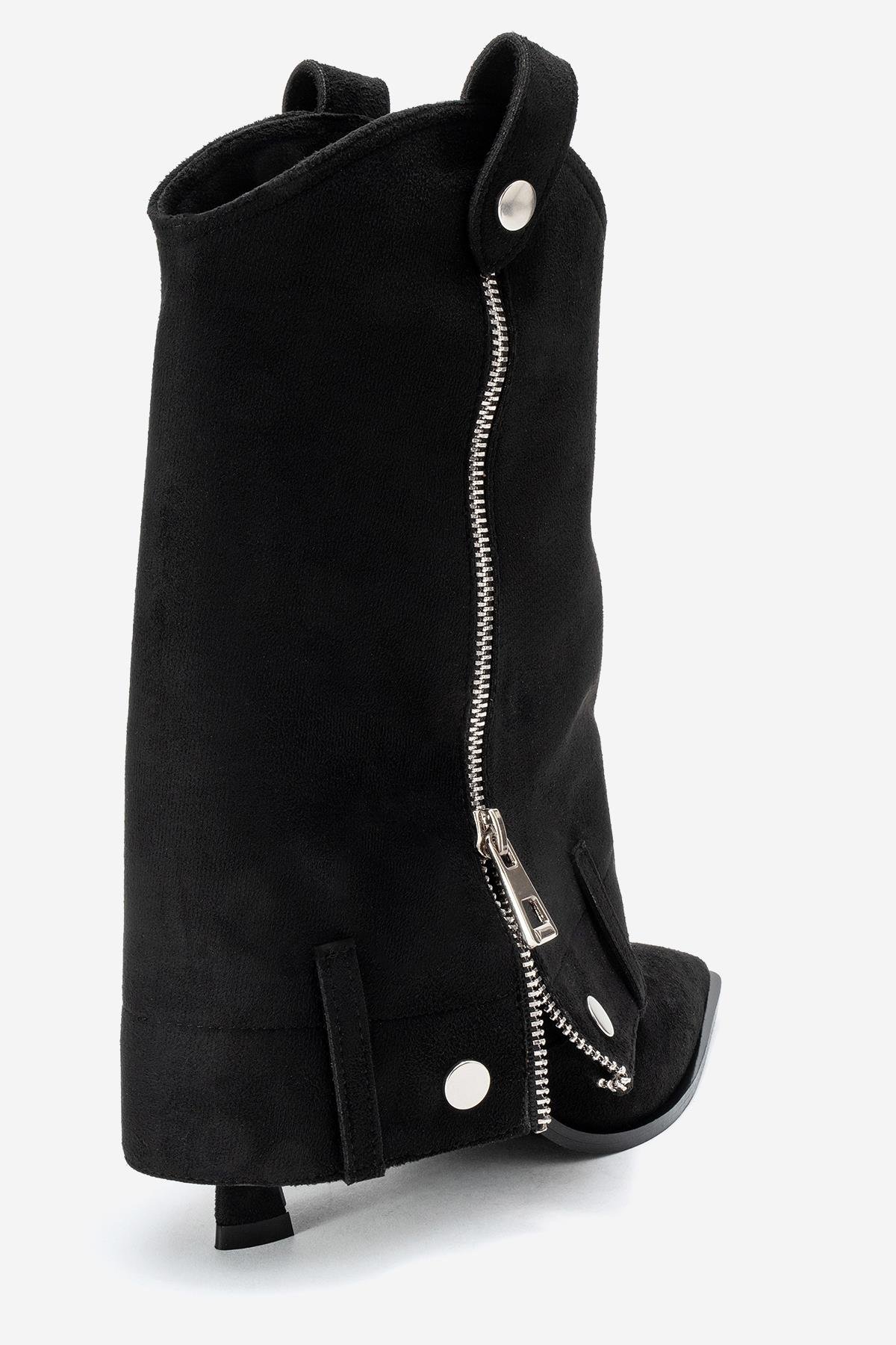 104-07086-6-SIYAH SUETLOLA Siyah Süet Fermuarlı Sivri Burunlu Kadın Topuklu Bot