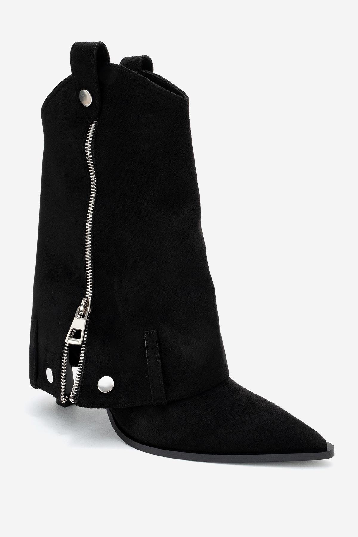 104-07086-6-SIYAH SUETLOLA Siyah Süet Fermuarlı Sivri Burunlu Kadın Topuklu Bot