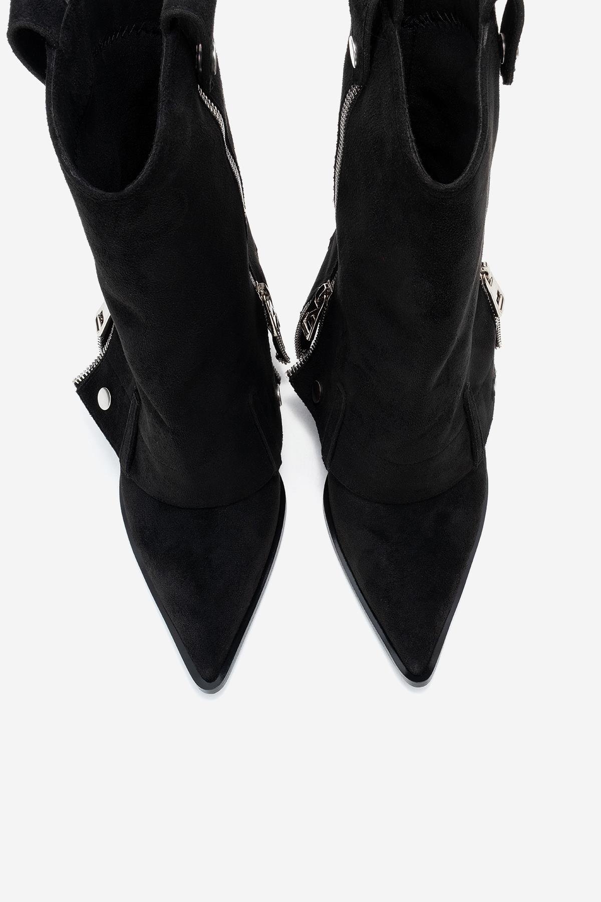 104-07086-6-SIYAH SUETLOLA Siyah Süet Fermuarlı Sivri Burunlu Kadın Topuklu Bot