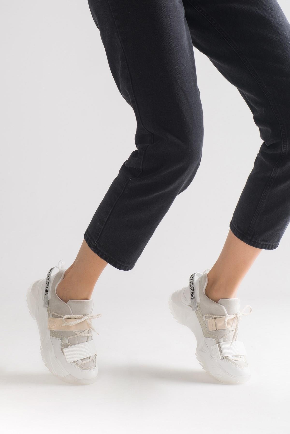 98-65140-9LULEN Beyaz Beyaz Rugan Sim Yazılı Cırtlı Kadın Spor Sneakers