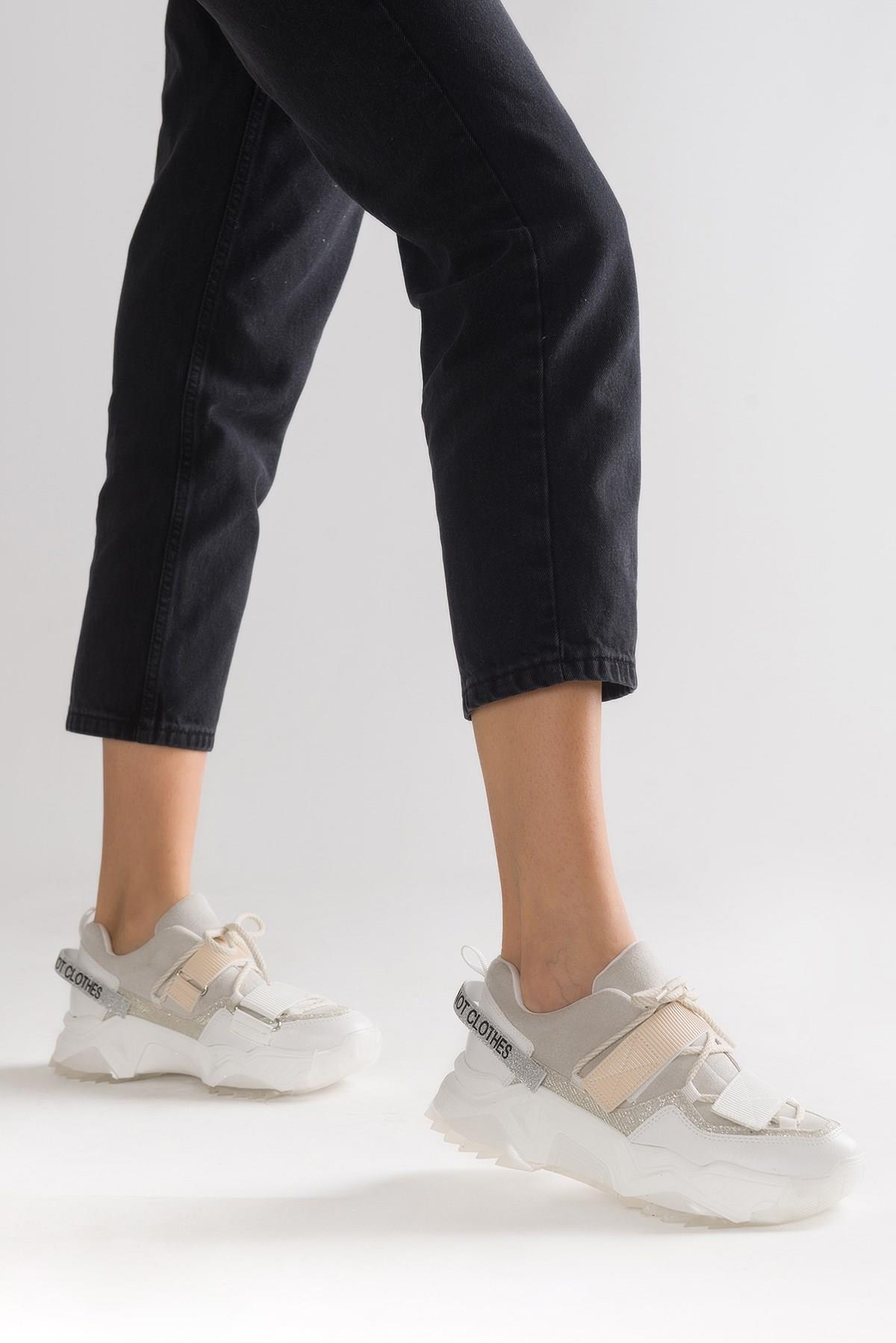 98-65140-9LULEN Beyaz Beyaz Rugan Sim Yazılı Cırtlı Kadın Spor Sneakers