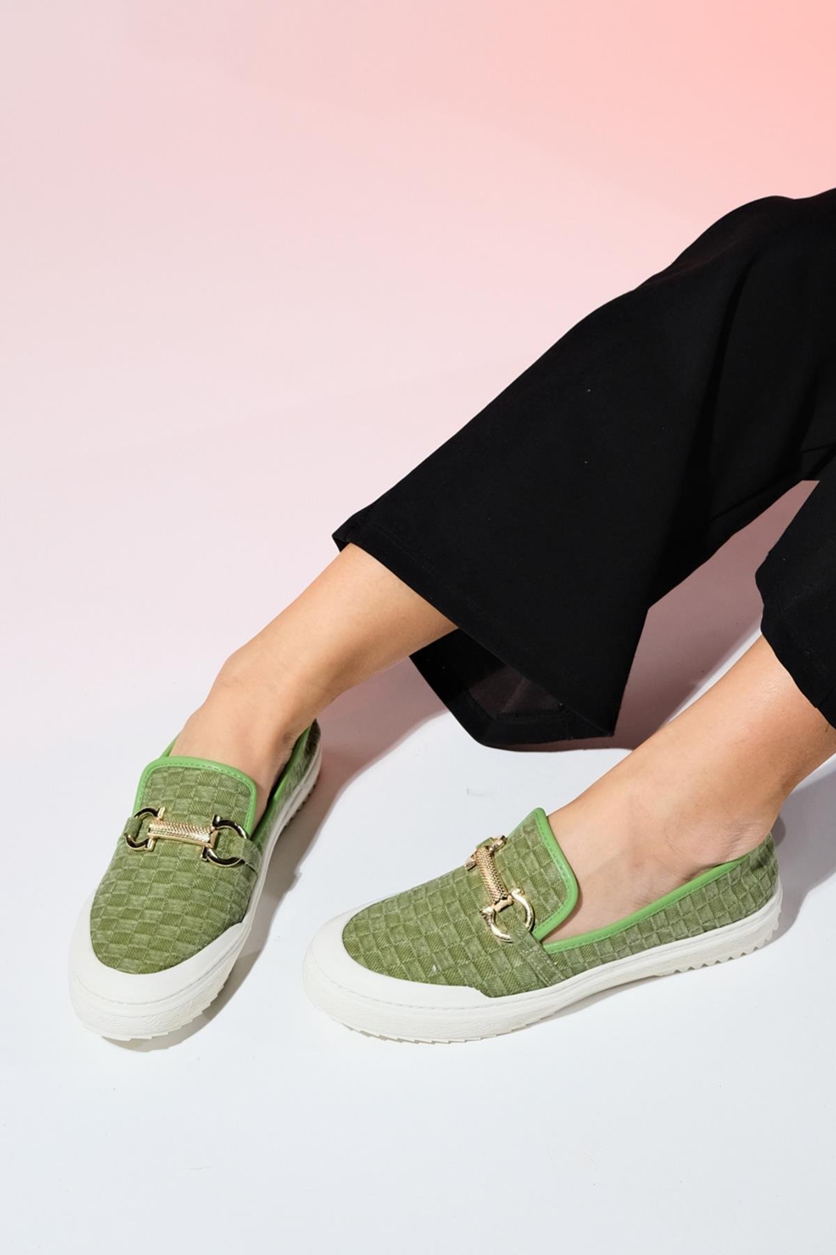 1-373K2040-3-YESILMARAKEŞ Yeşil Kot Tokalı Kadın Loafer Ayakkabı