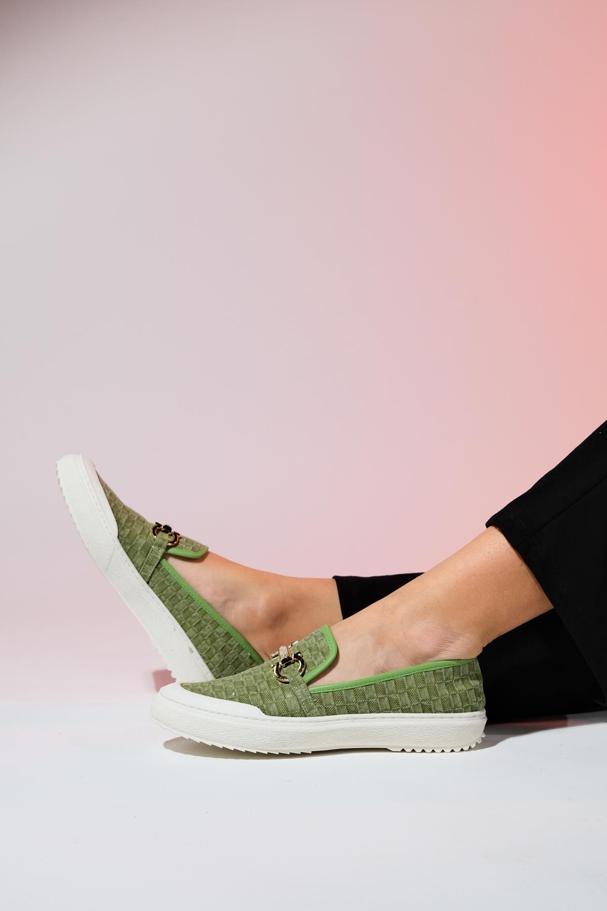 1-373K2040-3-YESILMARAKEŞ Yeşil Kot Tokalı Kadın Loafer Ayakkabı
