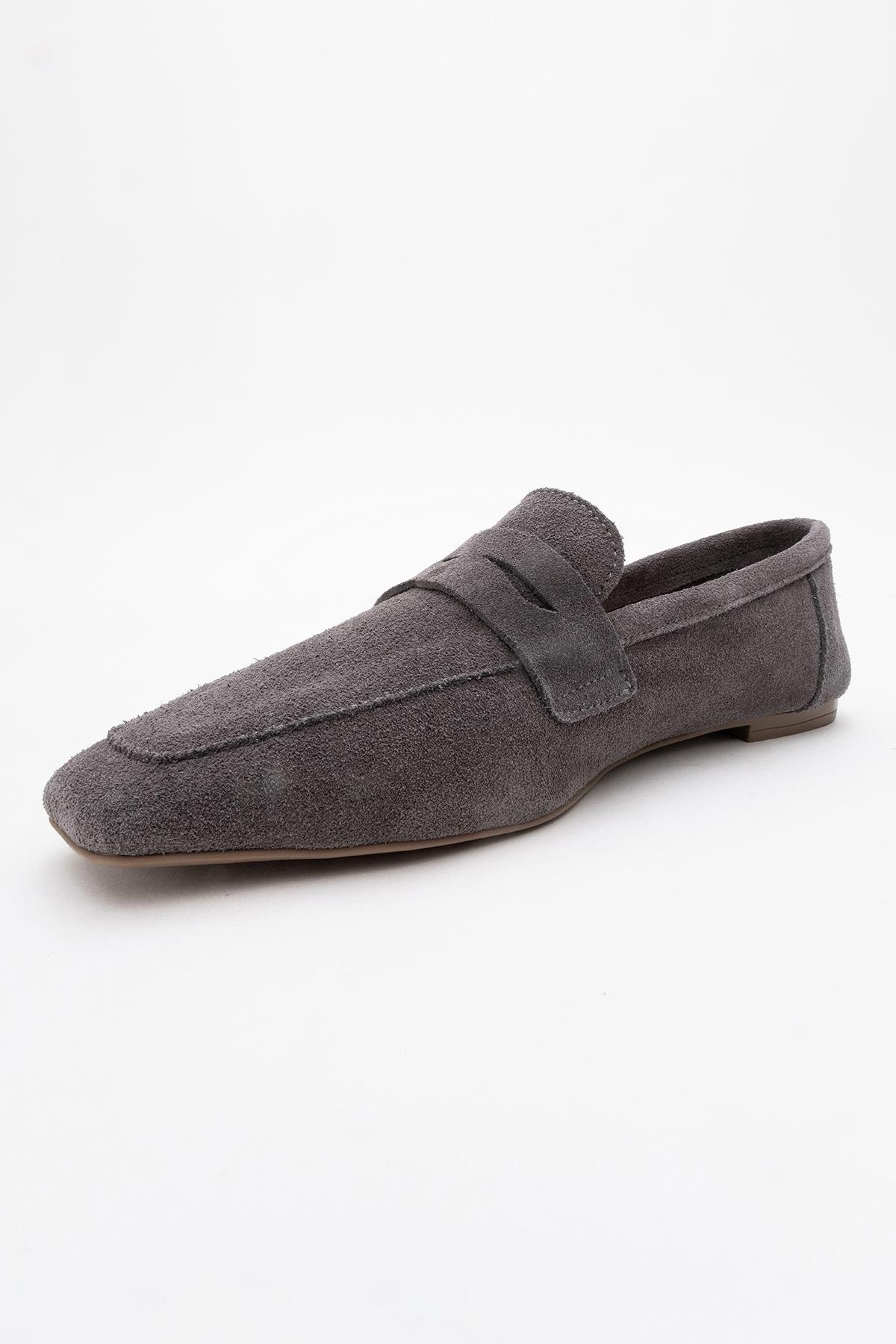 63-K02-1-FUME SUETMORNE Füme Süet Hakiki Deri Kadın Loafer Ayakkabı