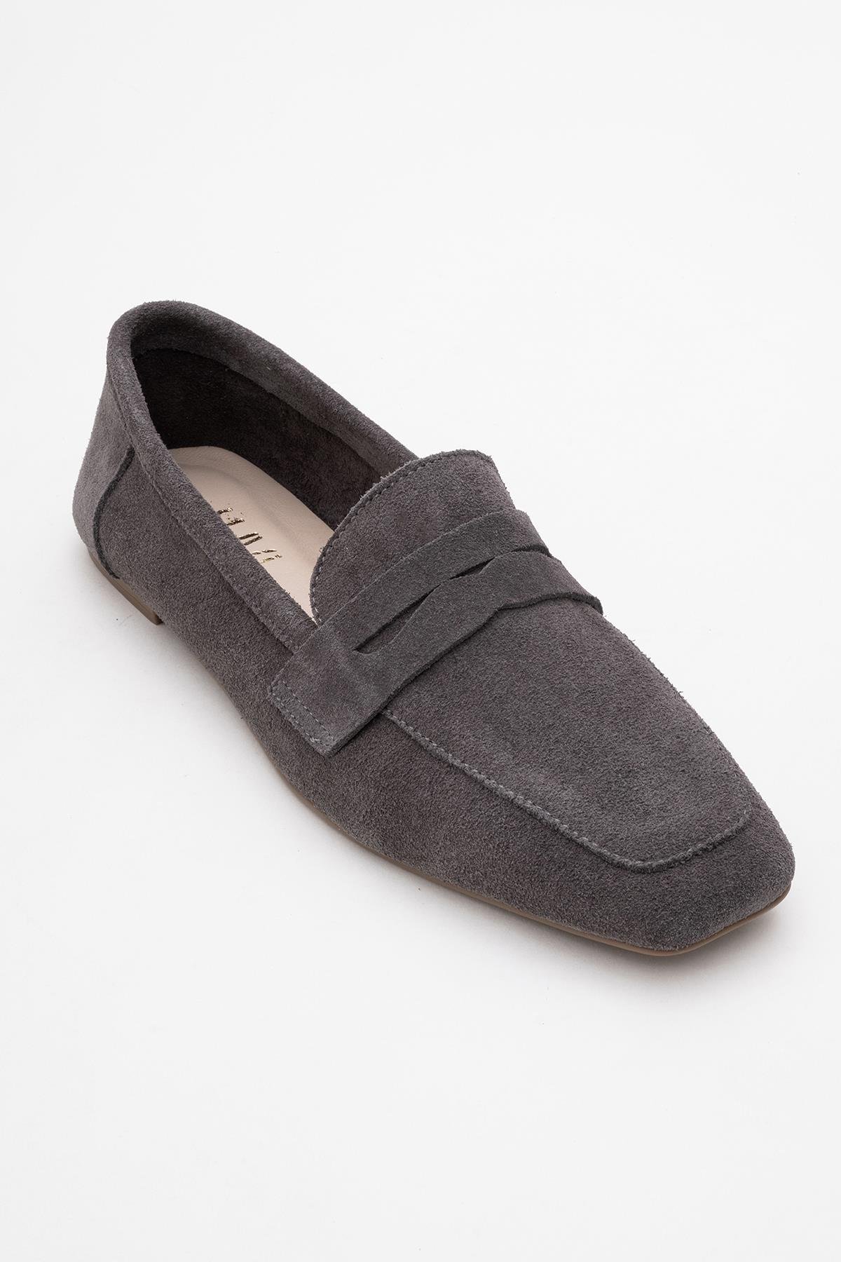 63-K02-1-FUME SUETMORNE Füme Süet Hakiki Deri Kadın Loafer Ayakkabı