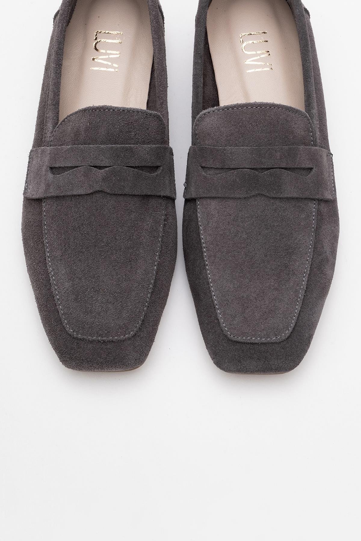 63-K02-1-FUME SUETMORNE Füme Süet Hakiki Deri Kadın Loafer Ayakkabı