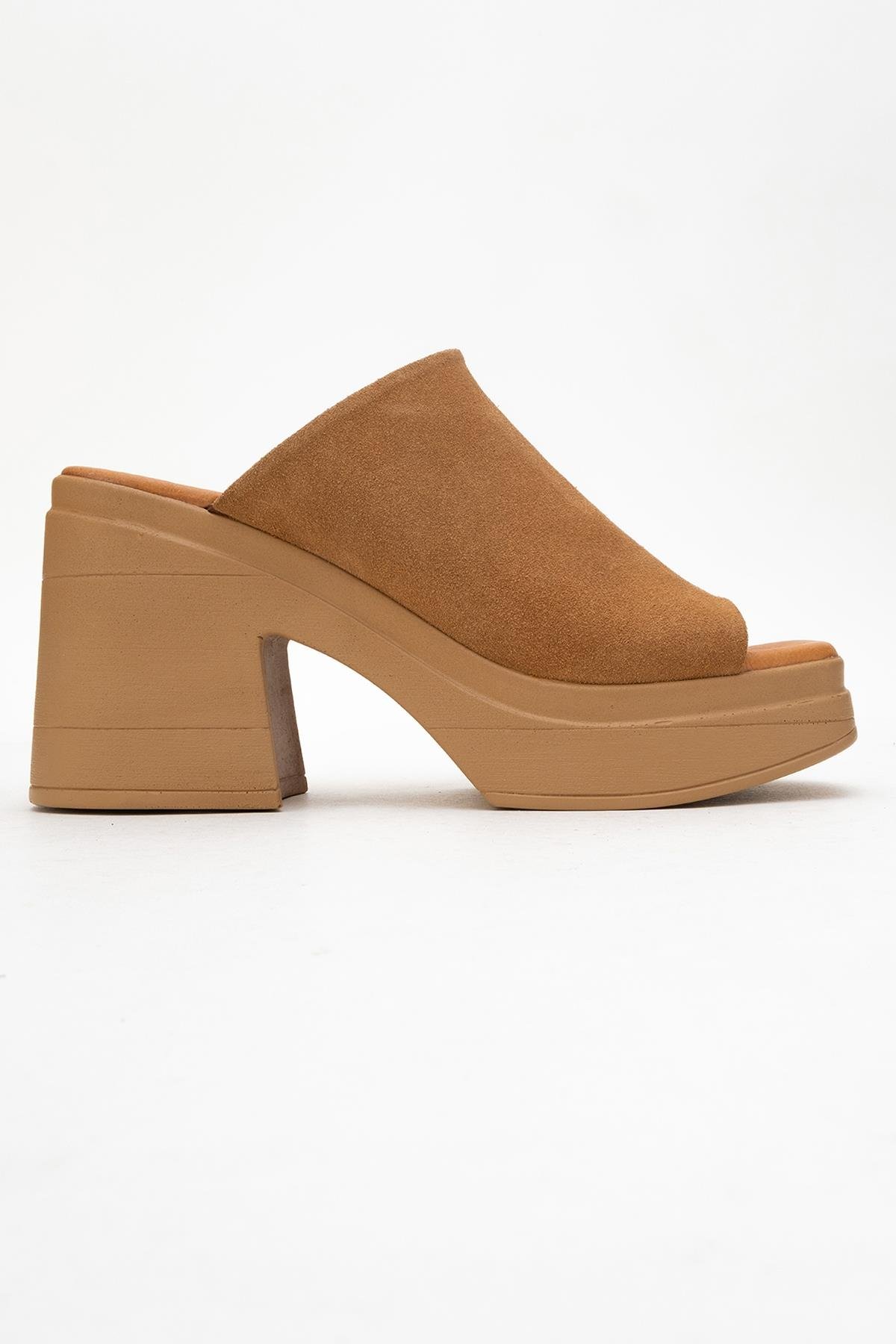 98-D21102-2-TABA SUETNOLA Taba Süet Hakiki Deri Kadın Platform Topuklu Terlik