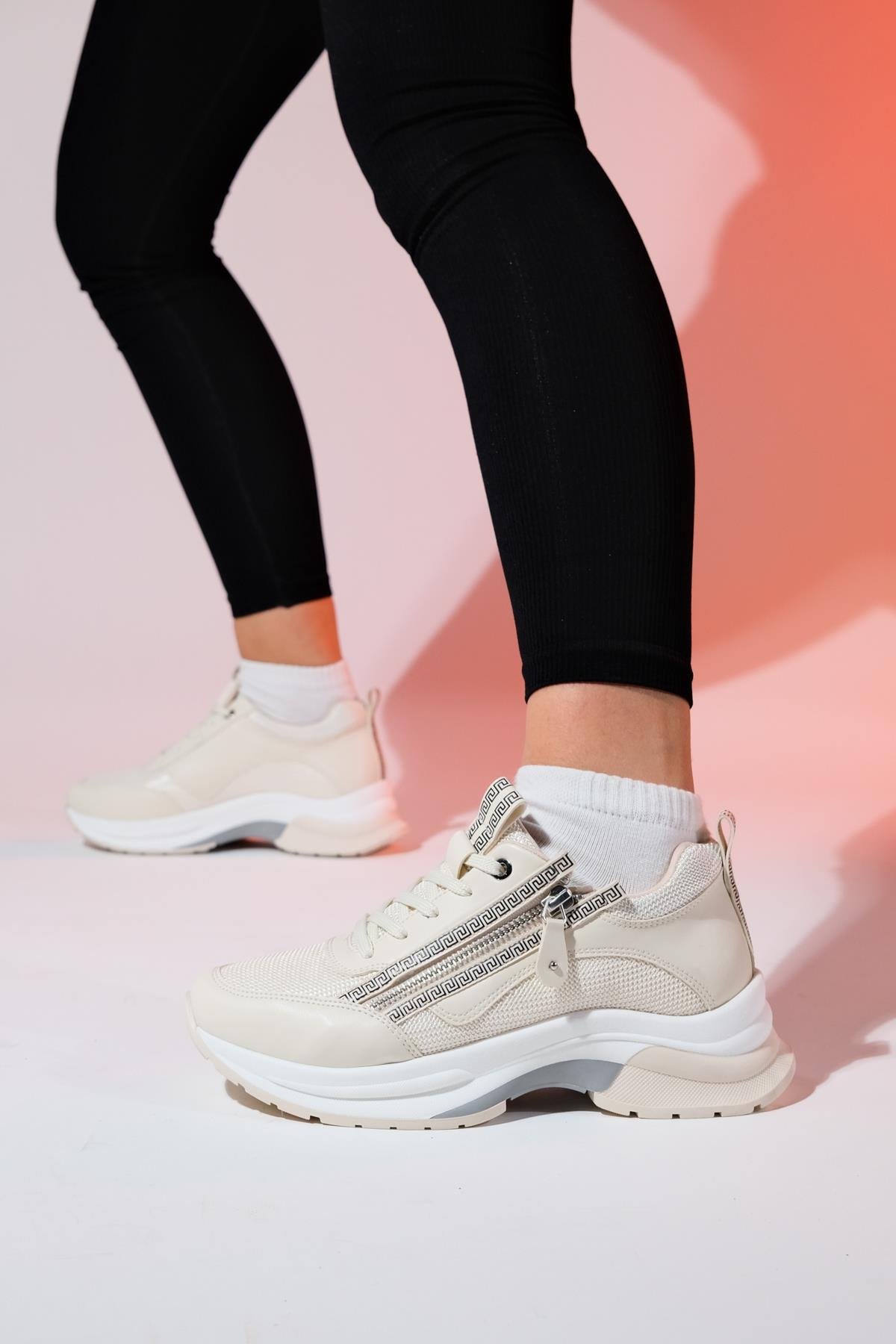 98-30164-2-EKRUOUDE Ekru Kadın Fermuarlı Kalın Taban Spor Sneakers