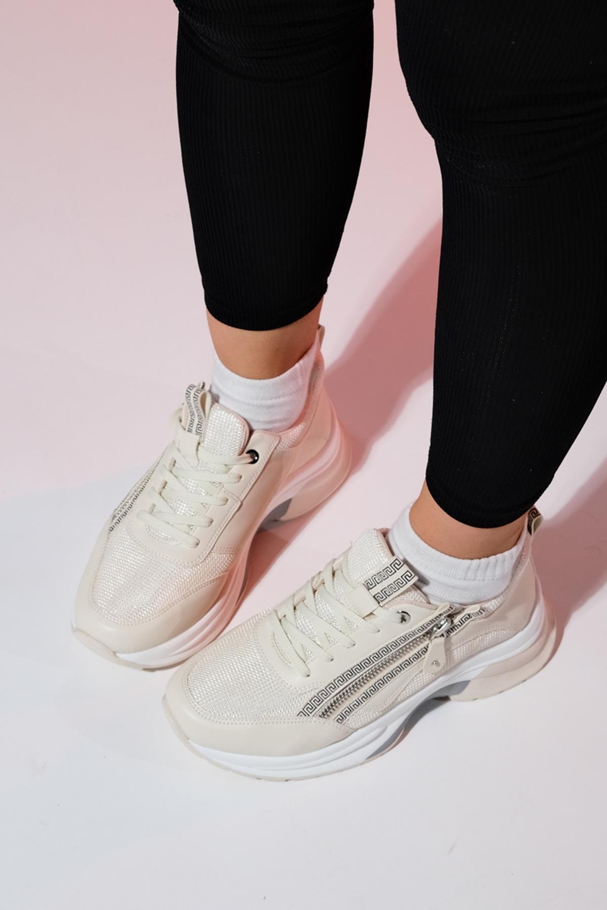 98-30164-2-EKRUOUDE Ekru Kadın Fermuarlı Kalın Taban Spor Sneakers