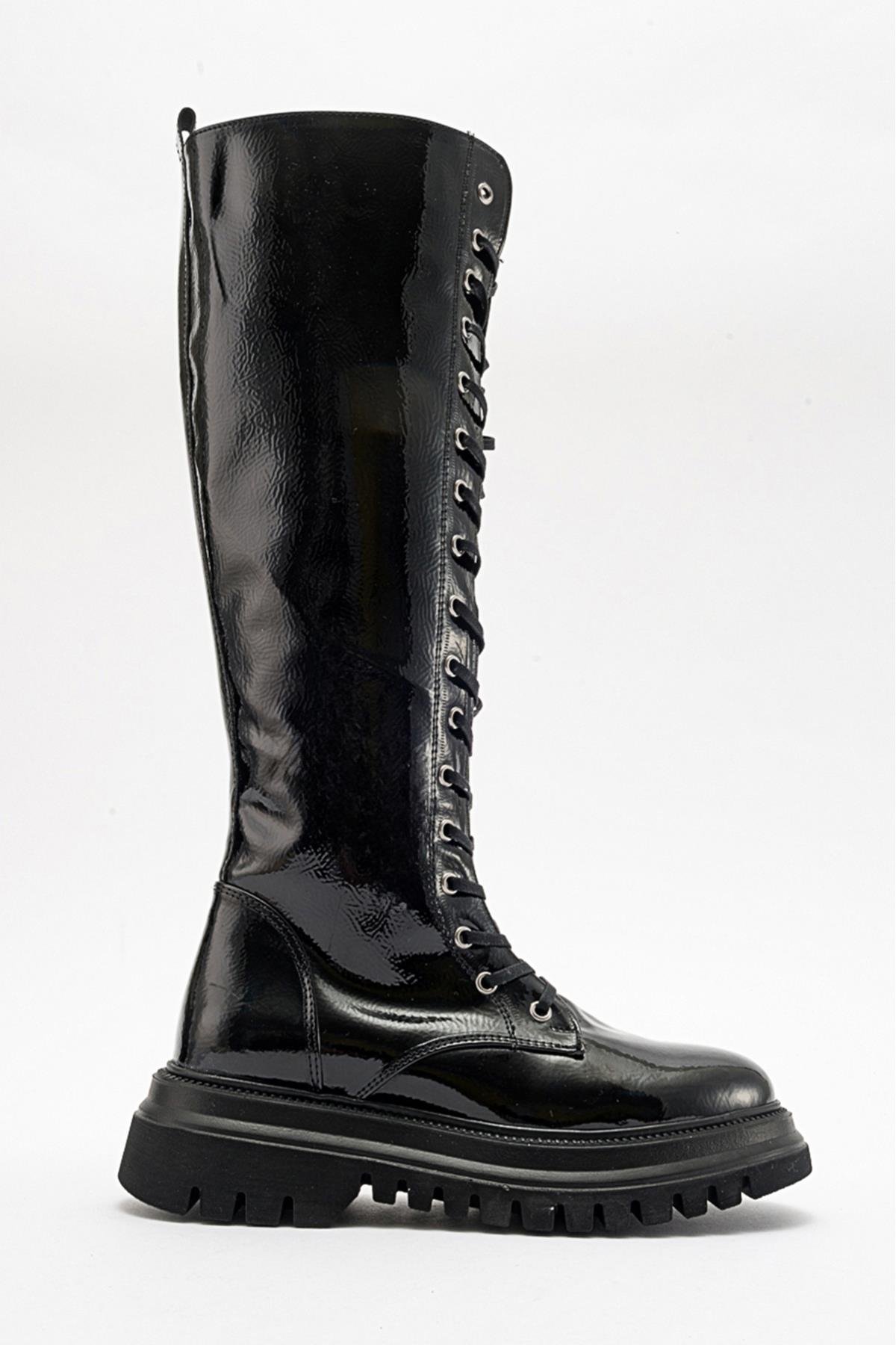 210-1039-2-SIYAH KIRISIKPEGOS Siyah Kırışık Bağcıklı Fermuarlı Kadın Çizme