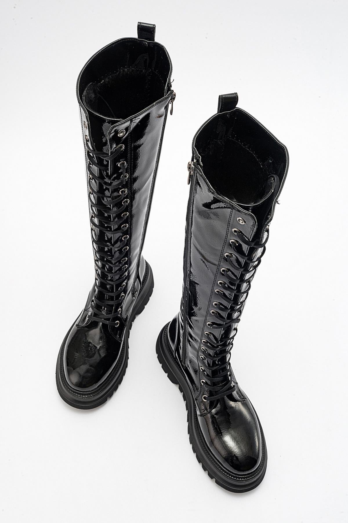 210-1039-2-SIYAH KIRISIKPEGOS Siyah Kırışık Bağcıklı Fermuarlı Kadın Çizme