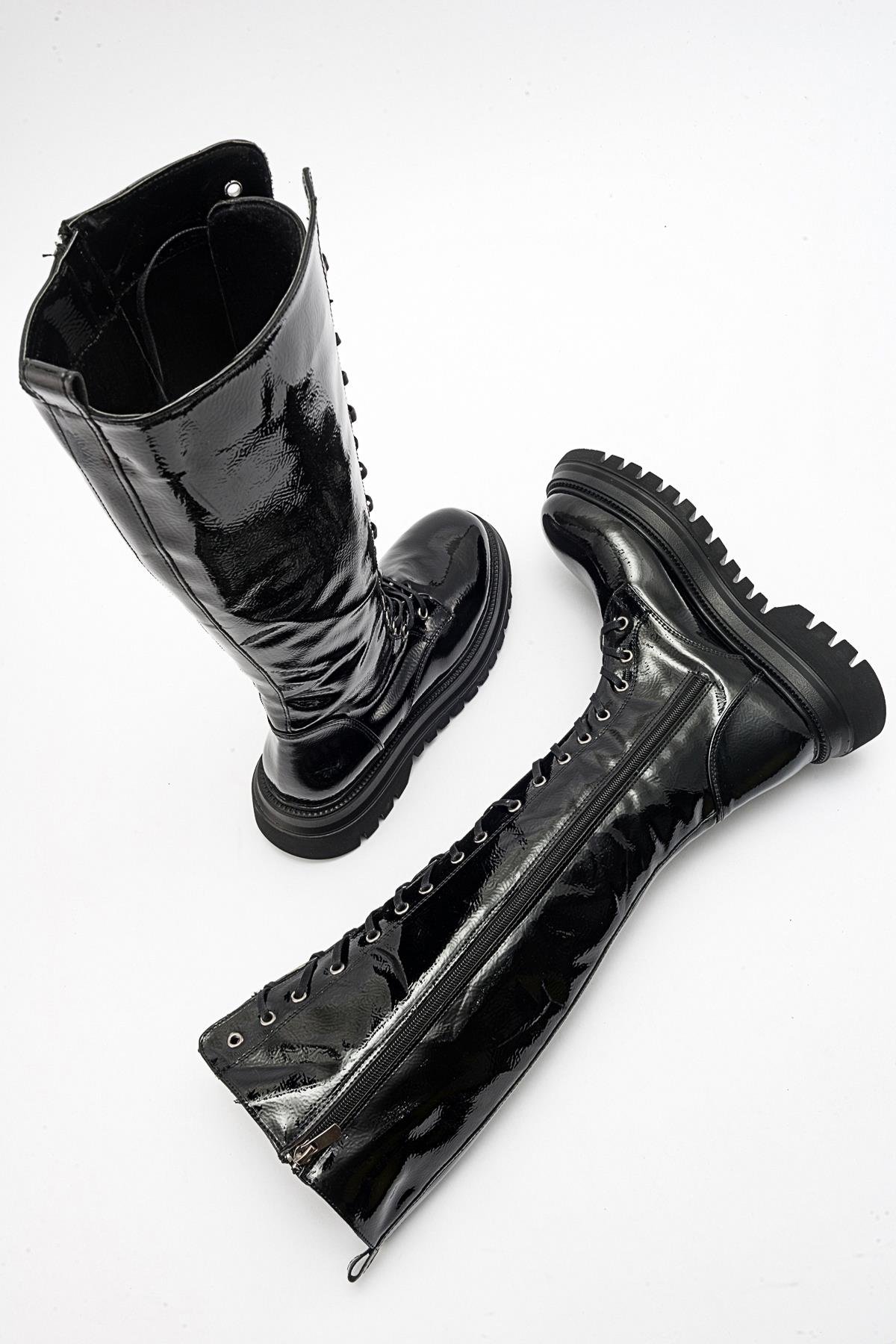 210-1039-2-SIYAH KIRISIKPEGOS Siyah Kırışık Bağcıklı Fermuarlı Kadın Çizme