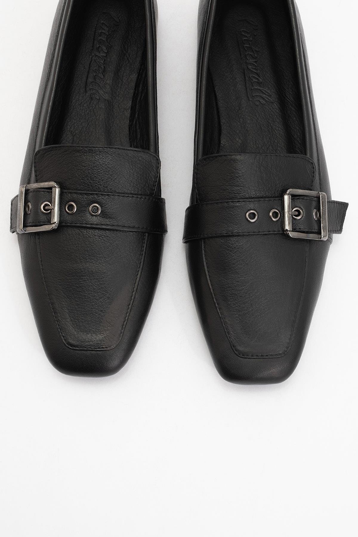 177-32308-1-SIYAH CILTPERIWINKLE Siyah Cilt Hakiki Deri Kemerli Kadın Loafer Ayakkabı