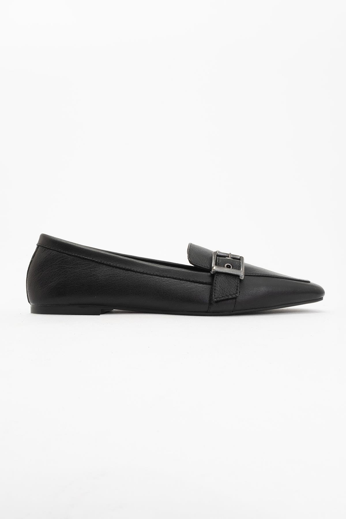 177-32308-1-SIYAH CILTPERIWINKLE Siyah Cilt Hakiki Deri Kemerli Kadın Loafer Ayakkabı