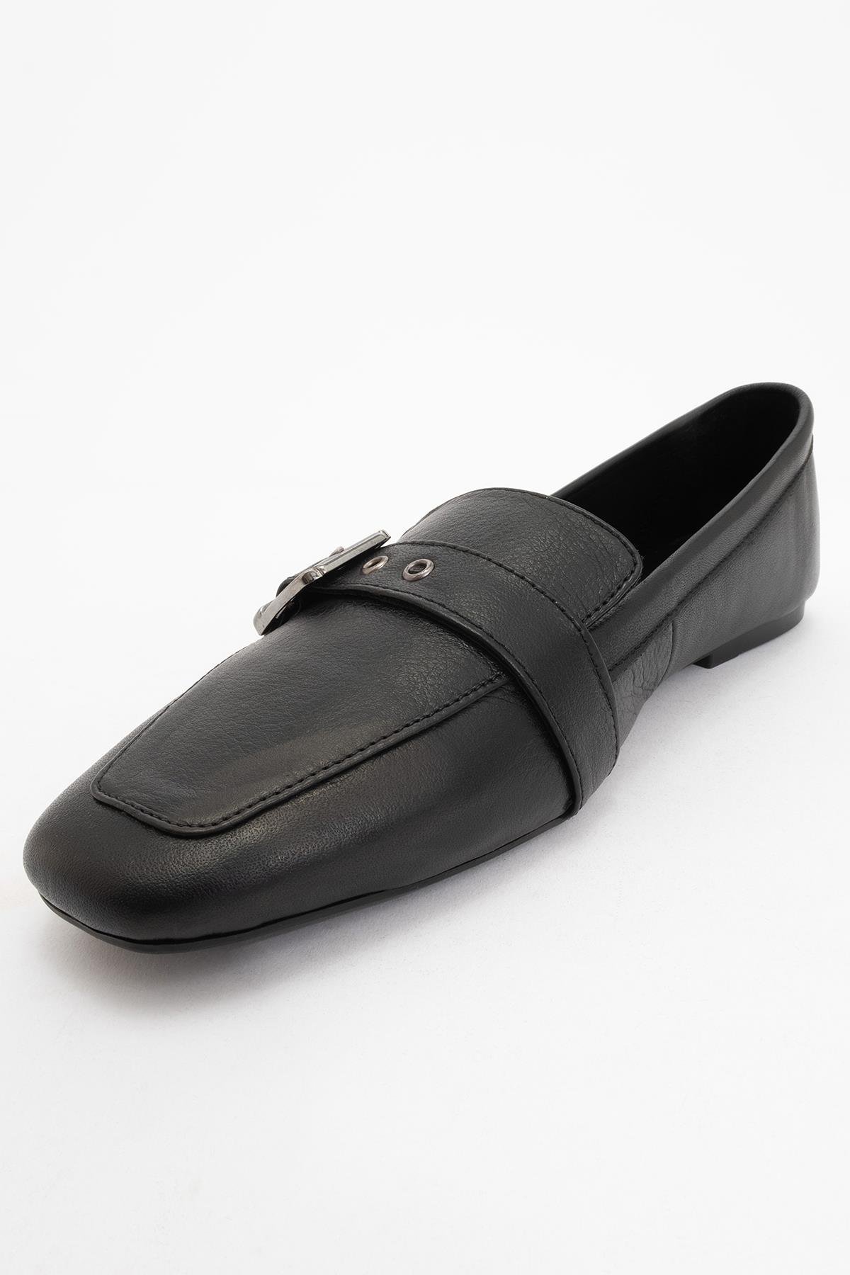 177-32308-1-SIYAH CILTPERIWINKLE Siyah Cilt Hakiki Deri Kemerli Kadın Loafer Ayakkabı