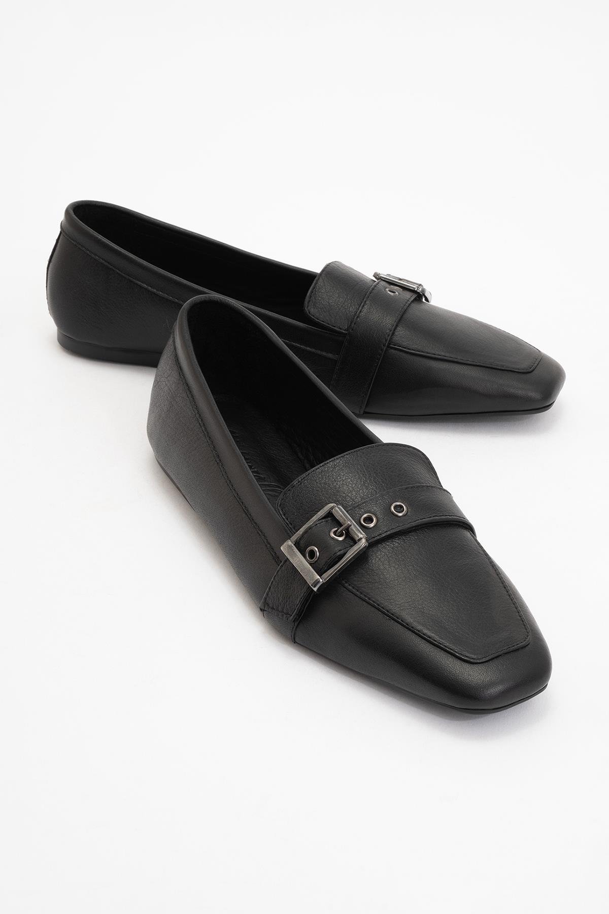 177-32308-1-SIYAH CILTPERIWINKLE Siyah Cilt Hakiki Deri Kemerli Kadın Loafer Ayakkabı